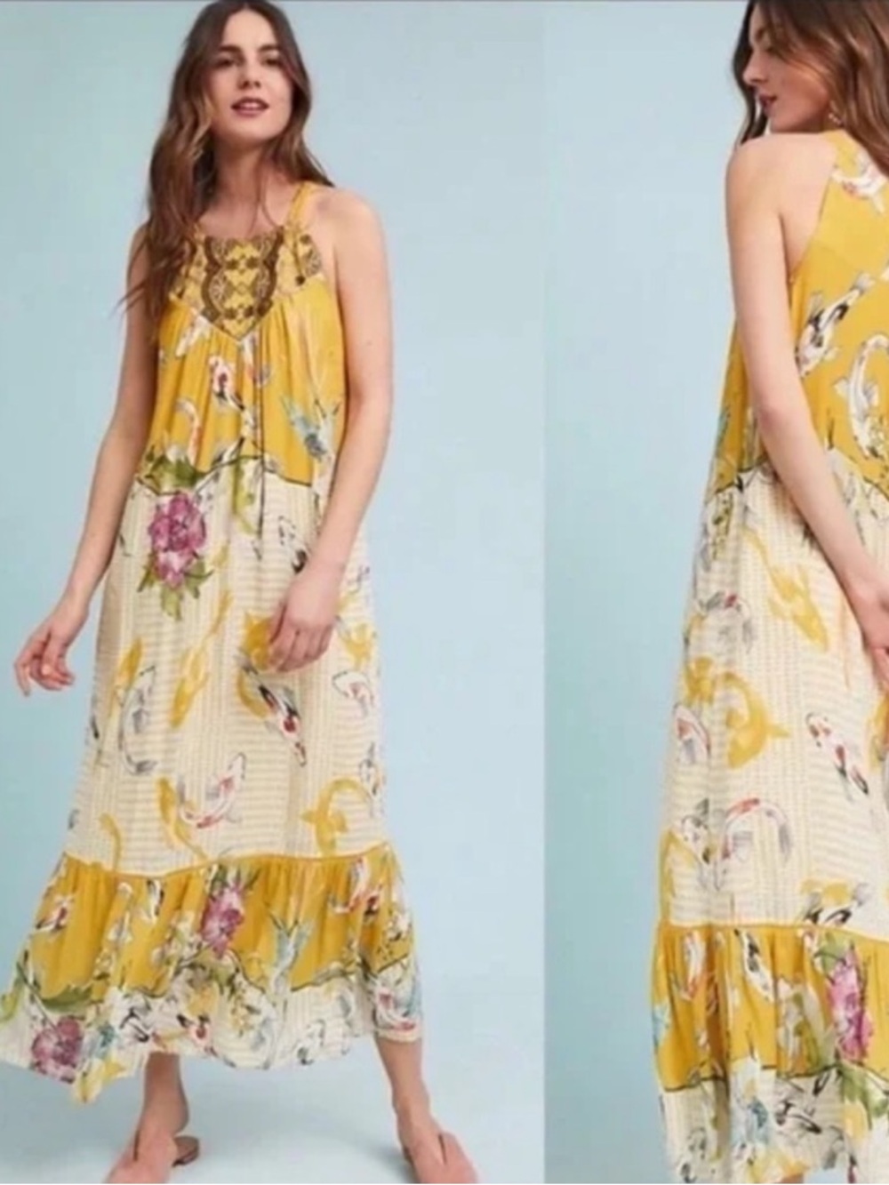 Anthropologie Yellow & Cream Floral Maxi Dress
